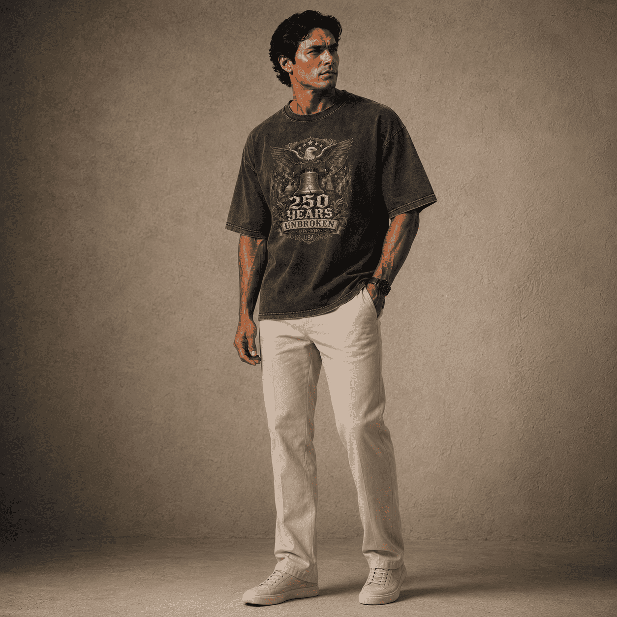 Man wearing a USA 250th Anniversary Shirt graphic t-shirt and beige pants against a textured brown background