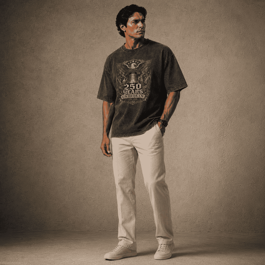 Man wearing a USA 250th Anniversary Shirt graphic t-shirt and beige pants against a textured brown background