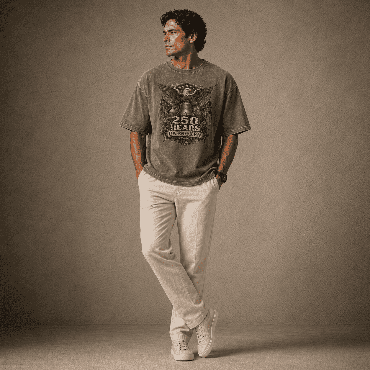 Man wearing a USA 250th Anniversary Shirt graphic t-shirt and light pants against a plain background
