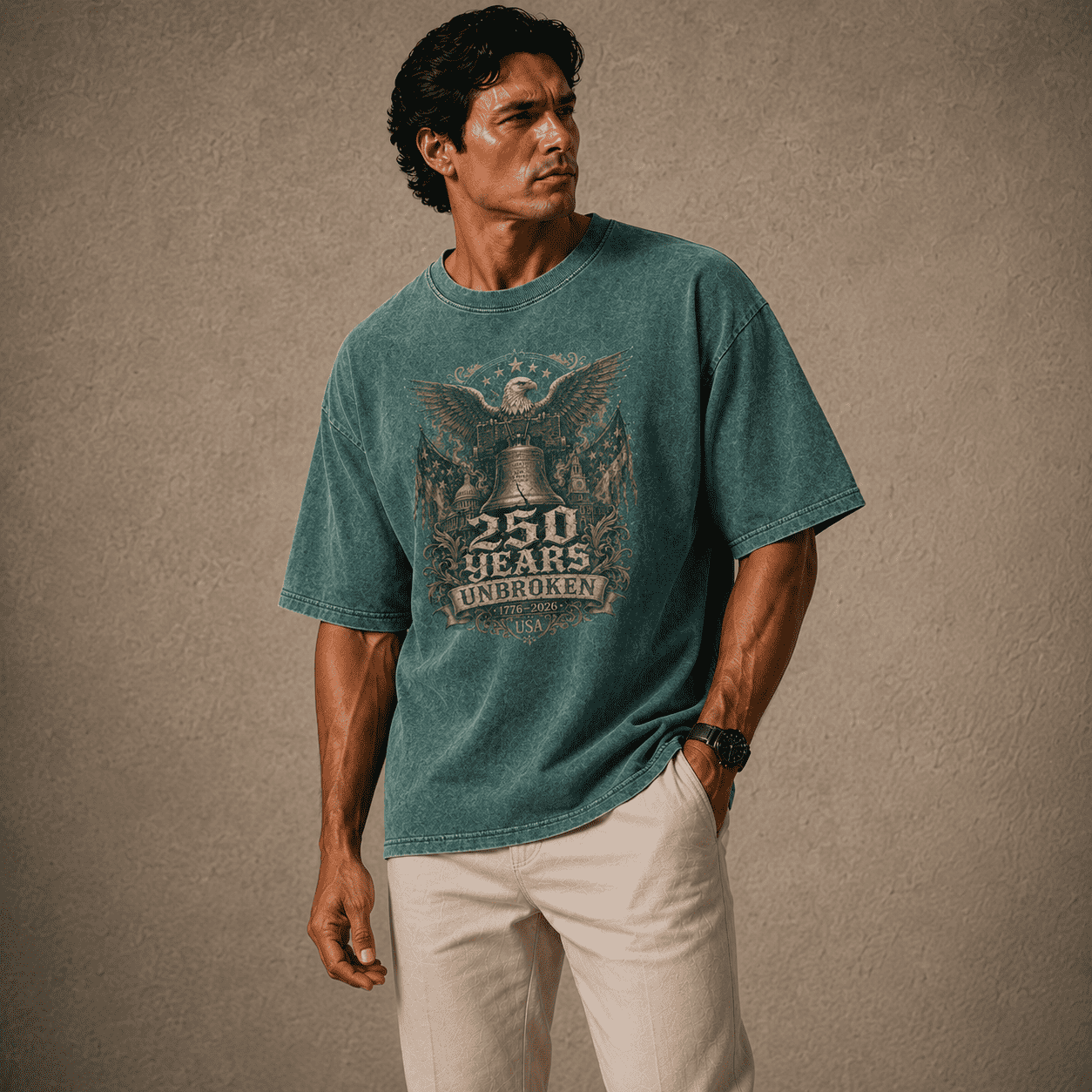 Man wearing a USA 250th Anniversary Shirt teal t-shirt with a graphic design on a beige background