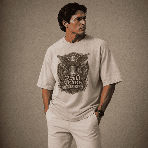 Man wearing a USA 250th Anniversary Shirt Gray t-shirt with a graphic design on a beige background