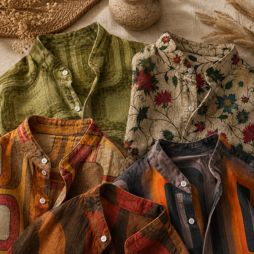 Four patterned linen button-up shirts in earthy tones, arranged in a flat-lay composition with dried wheat and a woven mat in the background.