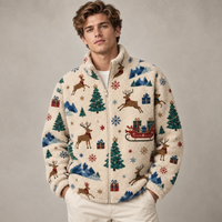Unisex Christmas Fleece Jacket, Reindeer Sherpa Zip Jacket, Festive Winter Tree Print Coat, Holiday Fleece Gift for Him Her