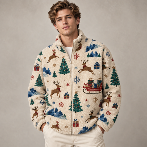 Unisex Christmas Fleece Jacket, Reindeer Sherpa Zip Jacket, Festive Winter Tree Print Coat, Holiday Fleece Gift for Him Her