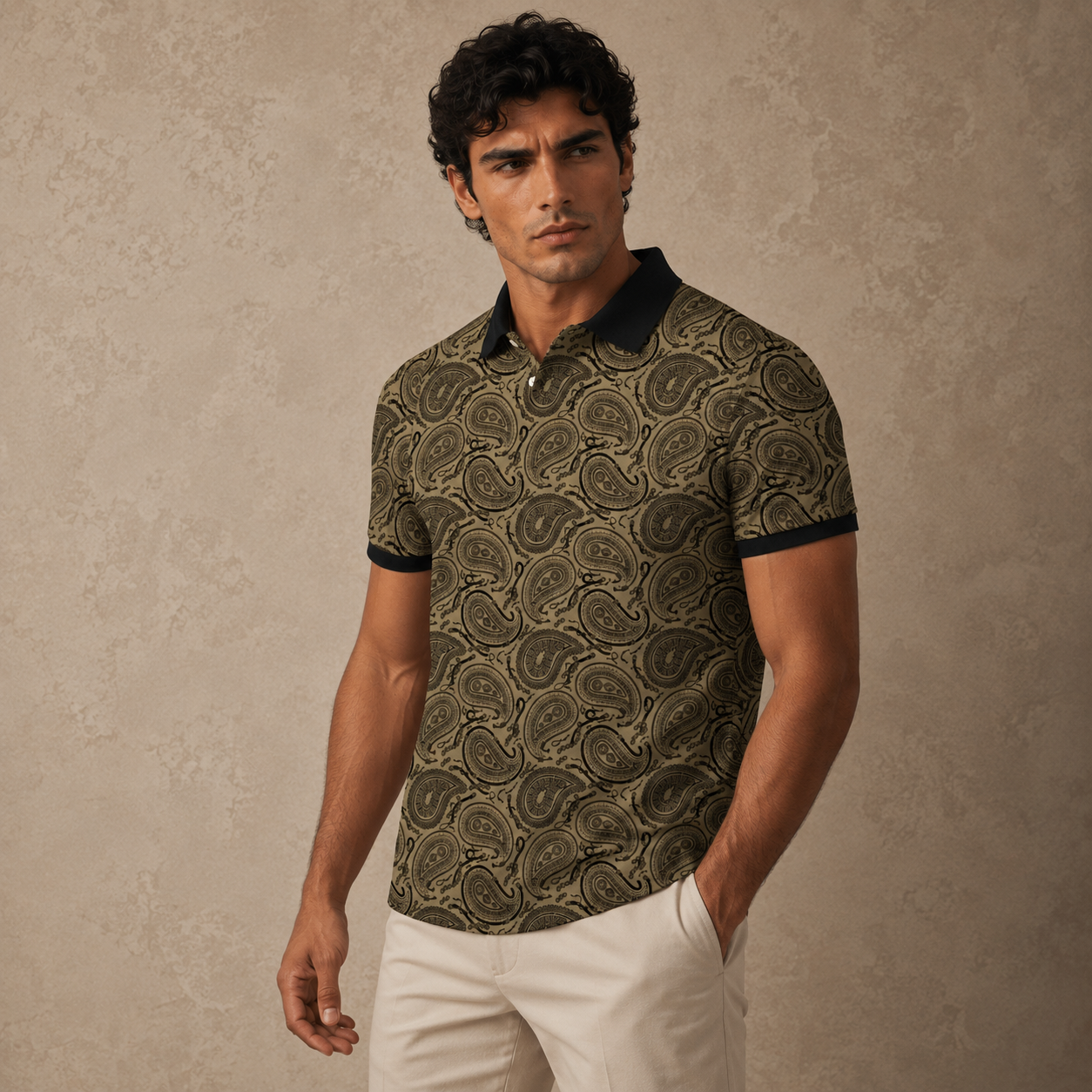 Man wearing a patterned polo shirt against a beige background
