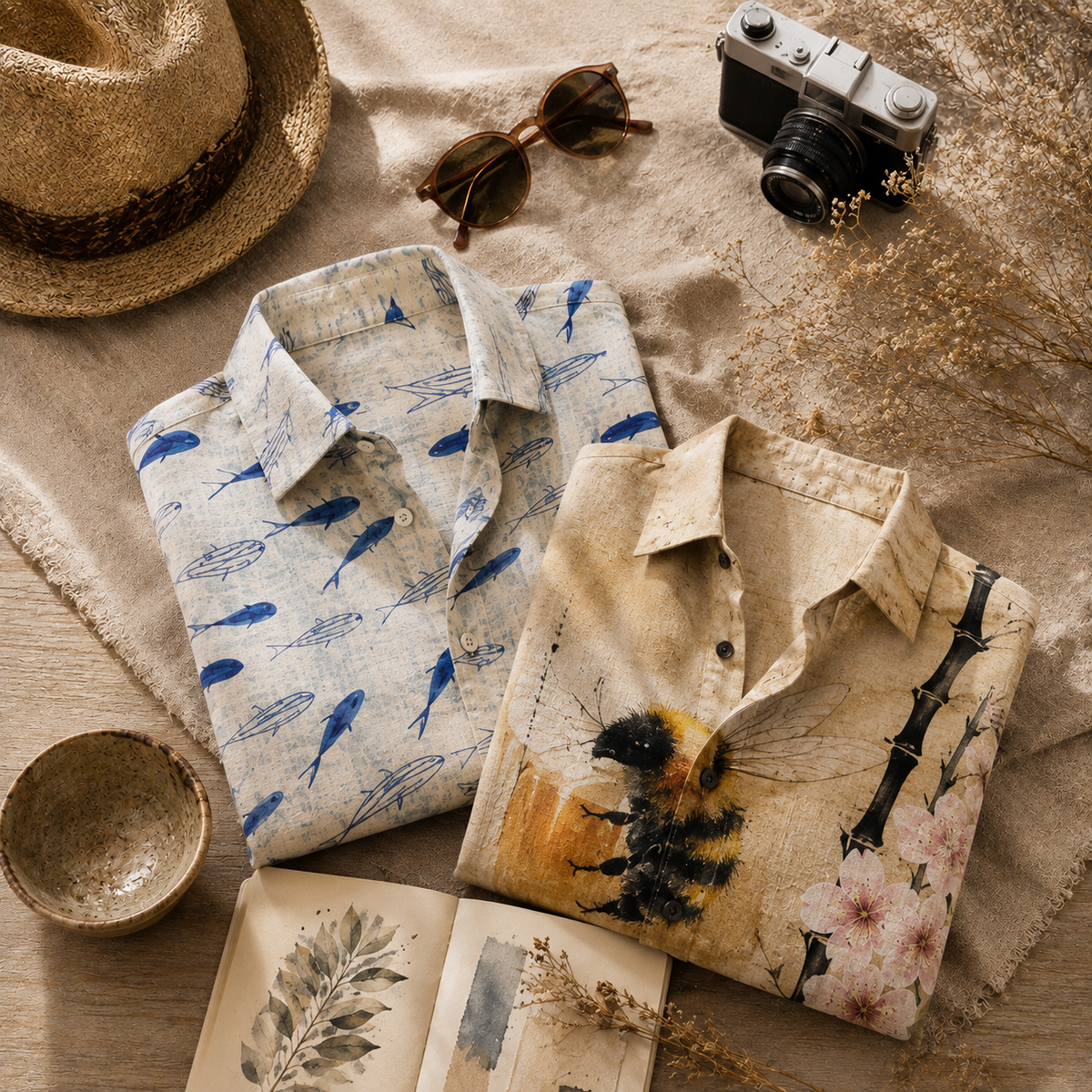 Two folded short-sleeve button-up shirts displayed on a beige fabric surface with styled props including a straw hat, sunglasses, a camera, a bowl, an open book, and dried flowers. One shirt is off-white with blue fish motifs, and the other is beige with a black-and-brown tree print and pink floral accents.