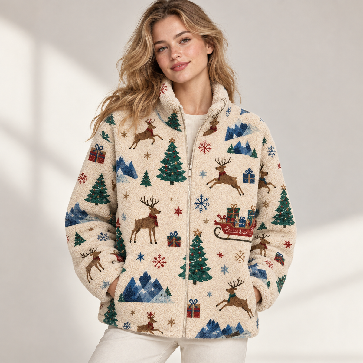 Unisex Christmas Fleece Jacket, Reindeer Sherpa Zip Jacket, Festive Winter Tree Print Coat, Holiday Fleece Gift for Him Her