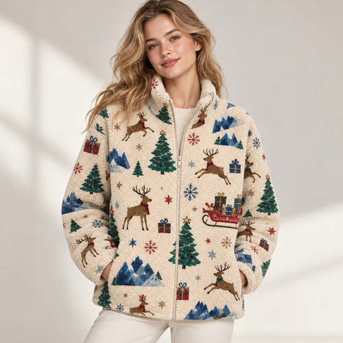 Unisex Christmas Fleece Jacket, Reindeer Sherpa Zip Jacket, Festive Winter Tree Print Coat, Holiday Fleece Gift for Him Her