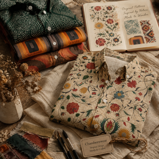 A styled flat-lay of folded patterned shirts and textiles on a linen surface, with an open book, dried flowers, paintbrushes, and a fabric tag reading 'Chaosbornwear Original Pattern Manually Crafted.' The main visible product is a cream shirt with multicolored floral and botanical print, surrounded by other patterned garments in green, orange, brown, and red.