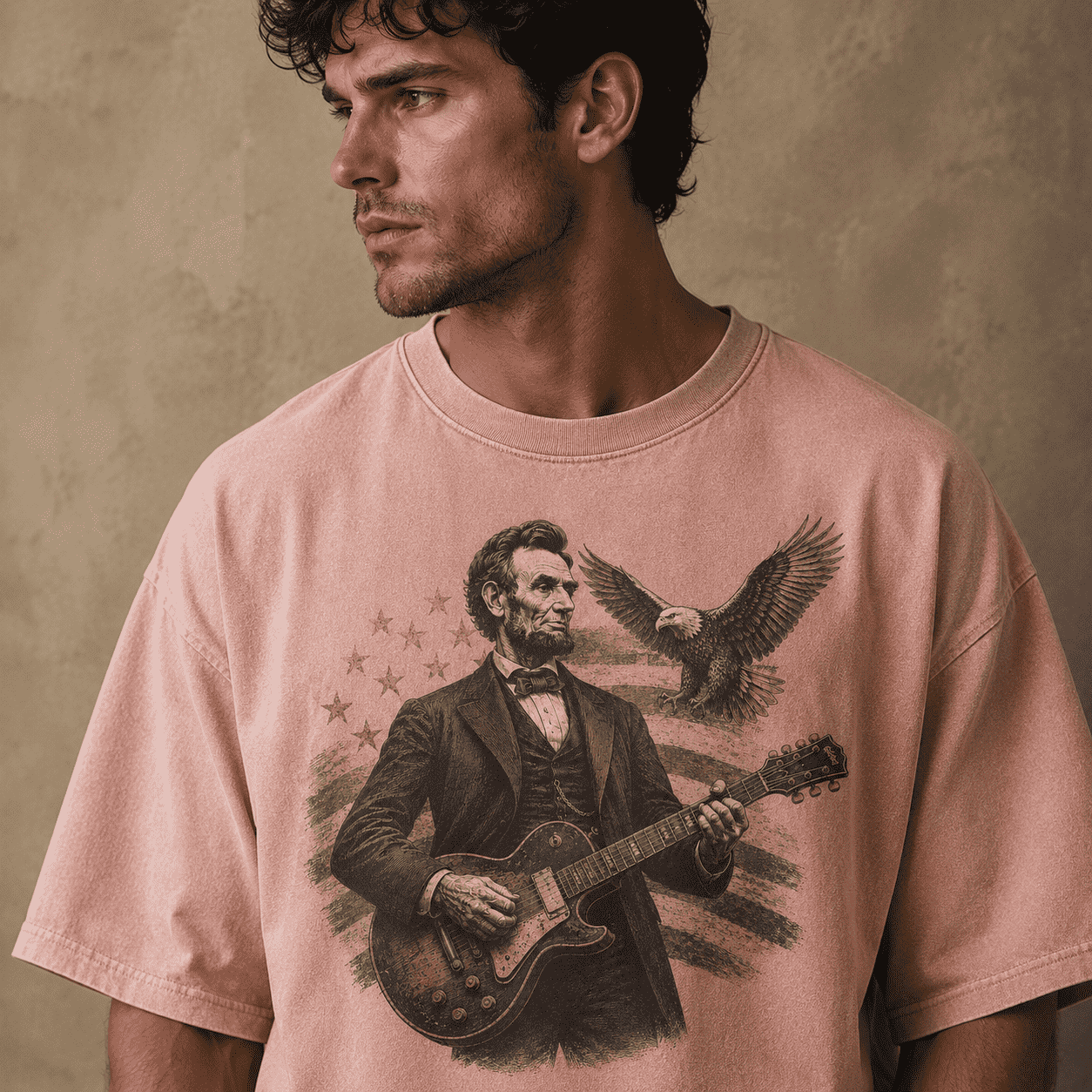 Man wearing a t-shirt with a graphic of a historical figure Abraham Lincoln playing a guitar against an American 