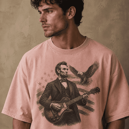 Man wearing a t-shirt with a graphic of a historical figure Abraham Lincoln playing a guitar against an American 
