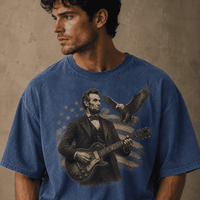 Man wearing a t-shirt with a graphic of a historical figure Abraham Lincoln playing a guitar against an American 
