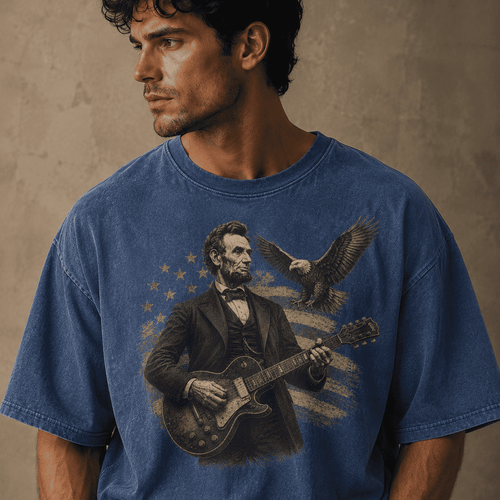 Man wearing a t-shirt with a graphic of a historical figure Abraham Lincoln playing a guitar against an American 