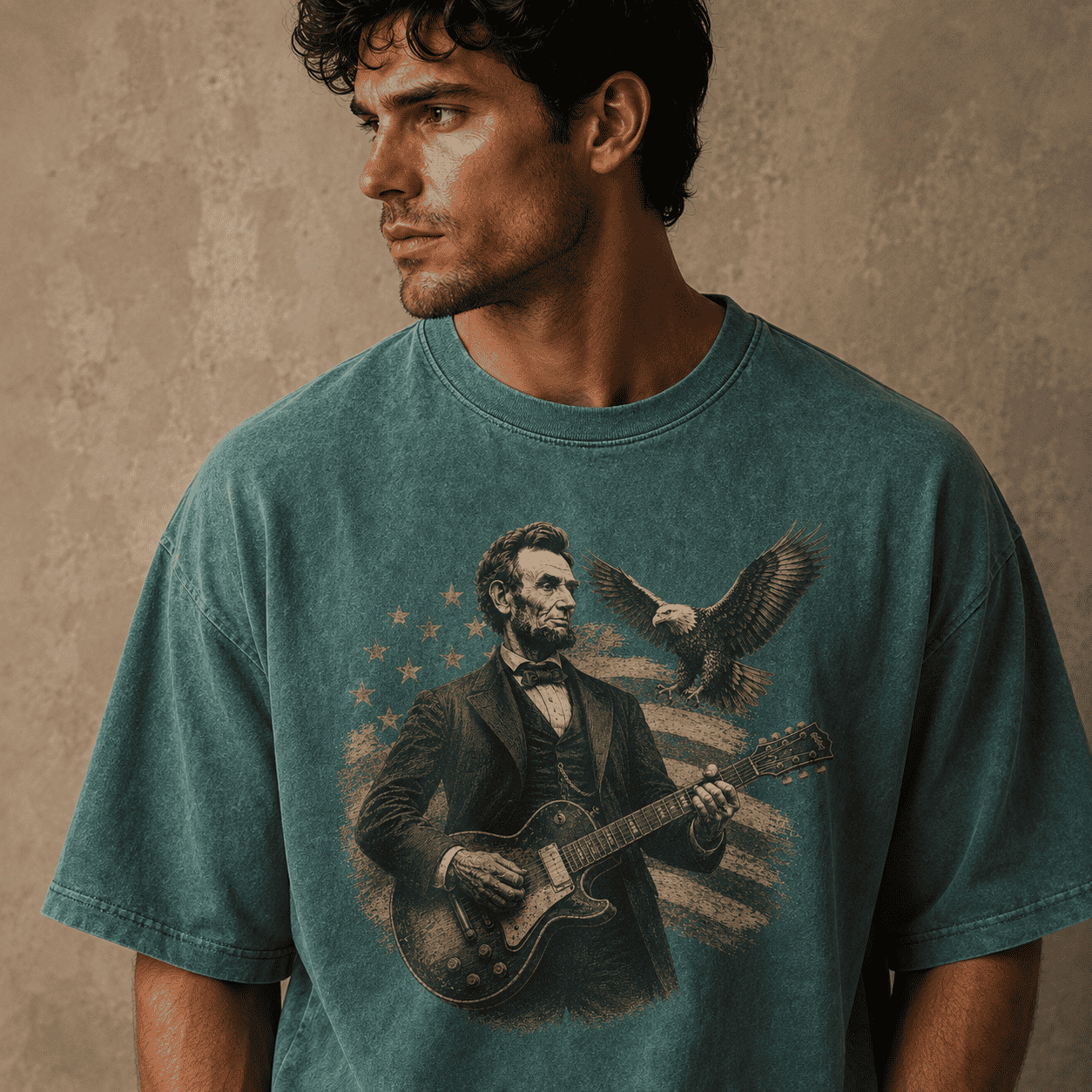 Man wearing a t-shirt with a graphic of a historical figure Abraham Lincoln playing a guitar against an American 