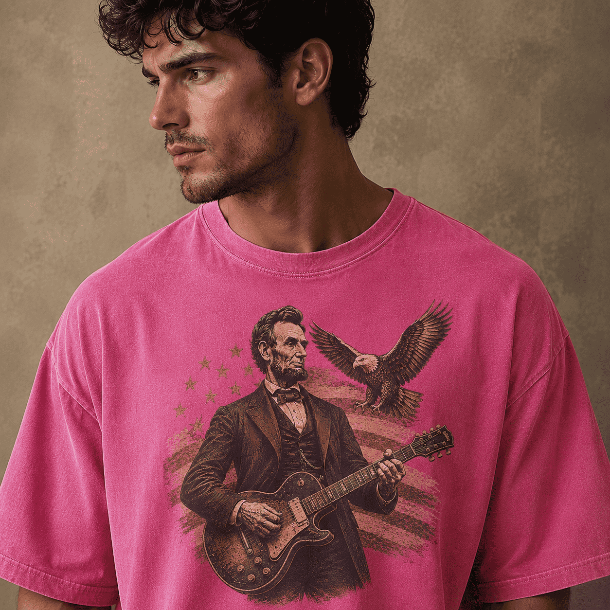 Man wearing a t-shirt with a graphic of a historical figure Abraham Lincoln playing a guitar against an American 