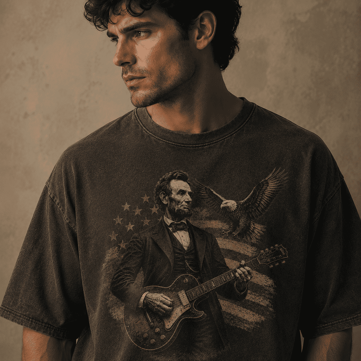 Man wearing a t-shirt with a graphic of a historical figure Abraham Lincoln playing a guitar against an American 