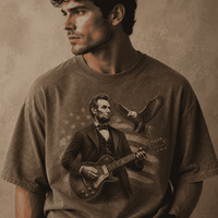 Man wearing a t-shirt with a graphic of Abraham Lincoln playing guitar against an American flag.