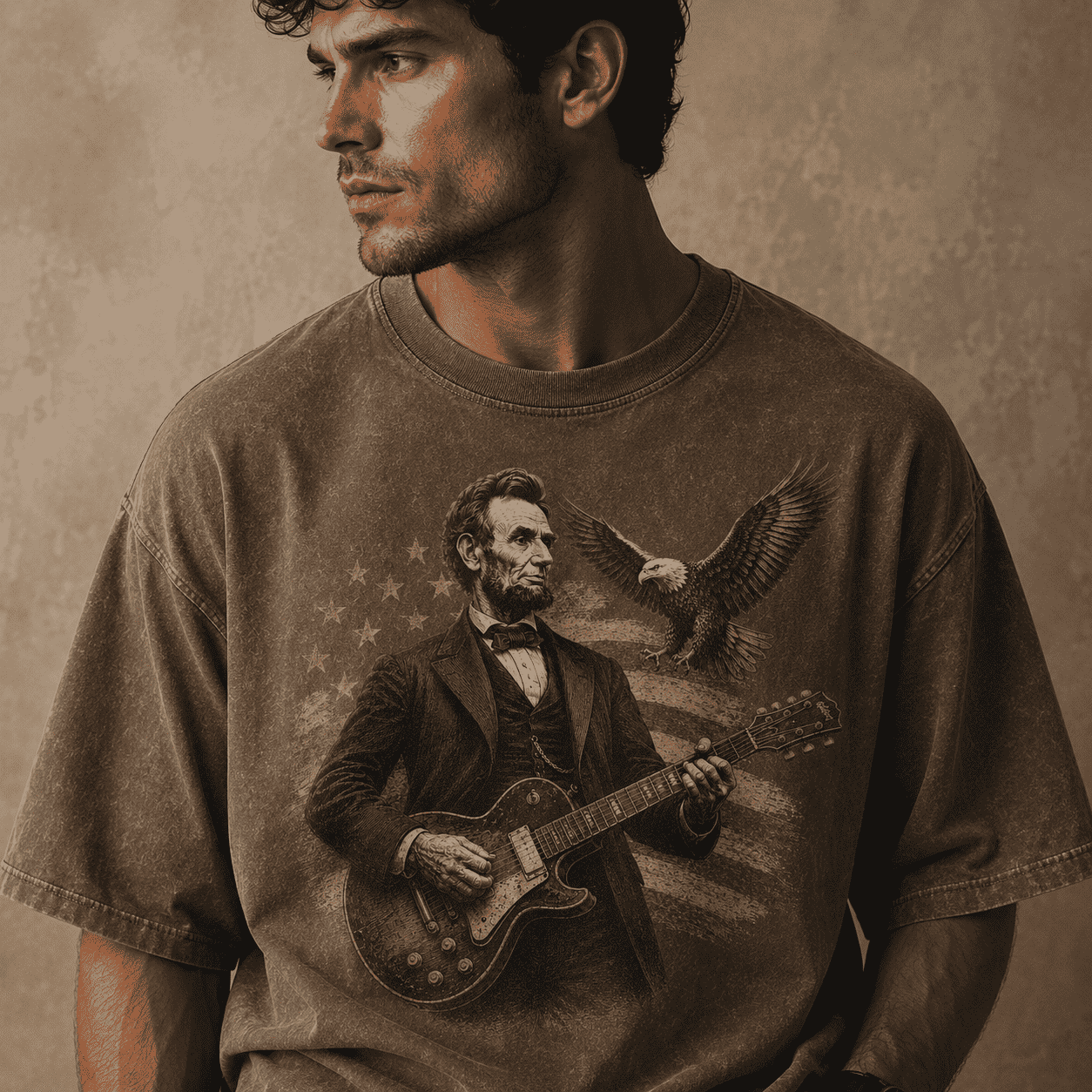 Man wearing a t-shirt with a graphic of Abraham Lincoln playing guitar against an American flag.