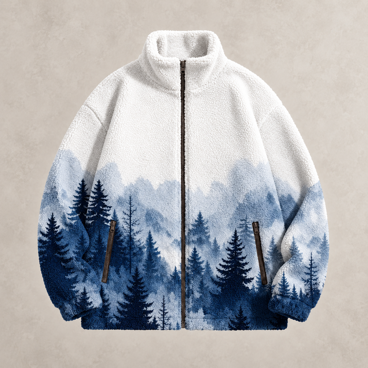 A white fleece zip-up jacket with a blue and navy watercolor-style forest and mountain print on the lower half, shown against a textured beige background.