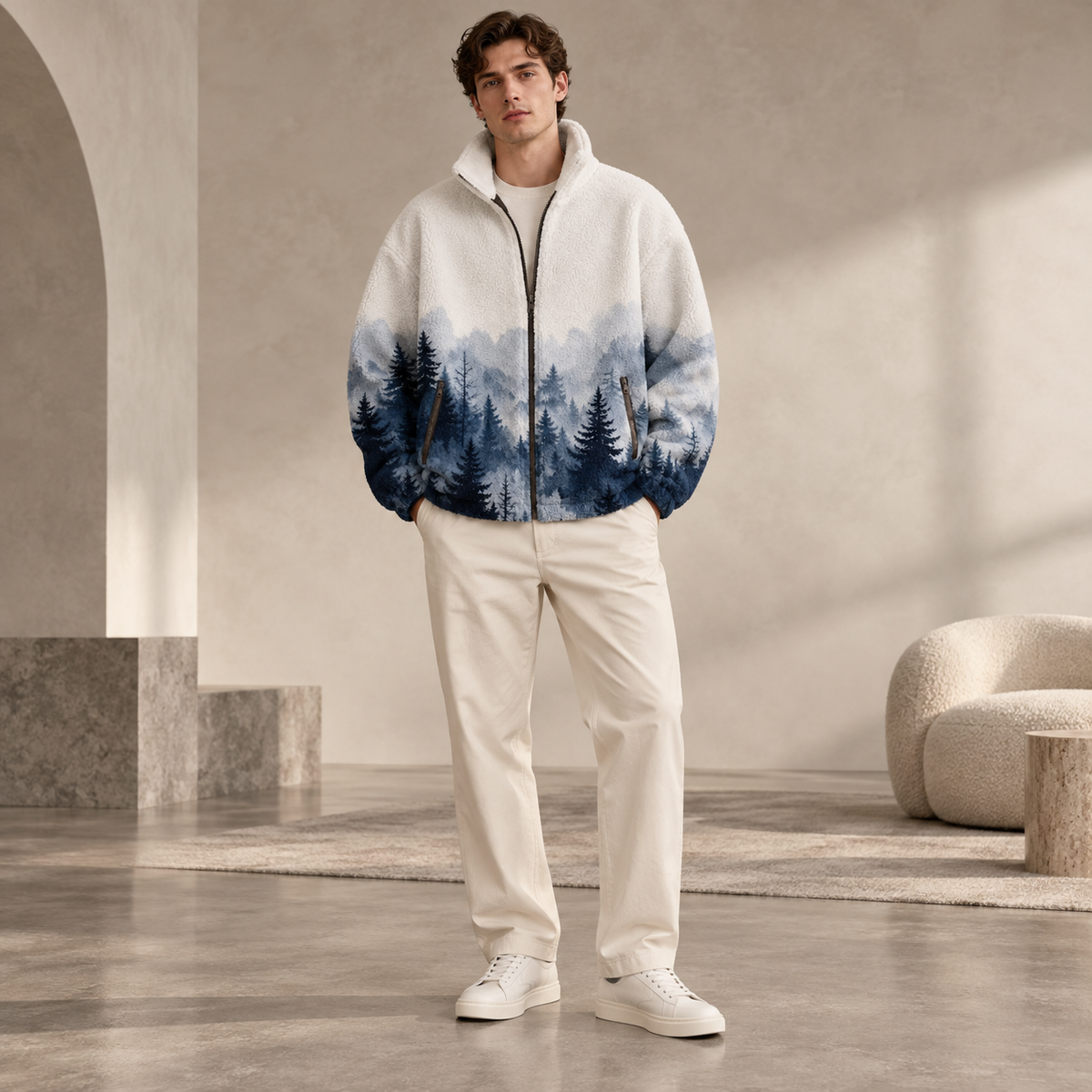 A man stands in a minimalist indoor setting wearing a zip-up fleece jacket with a white and blue watercolor forest design, paired with cream pants and white sneakers.