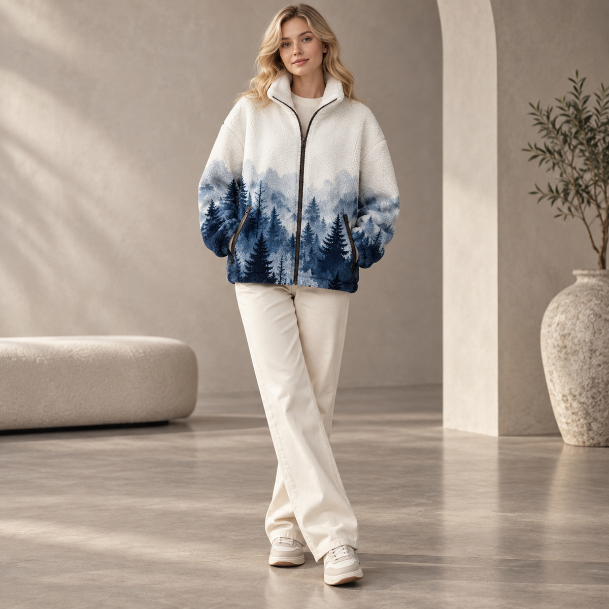 A woman stands in a minimalist indoor setting wearing a zip-up fleece jacket with a white and blue watercolor forest design, paired with cream pants and white sneakers.