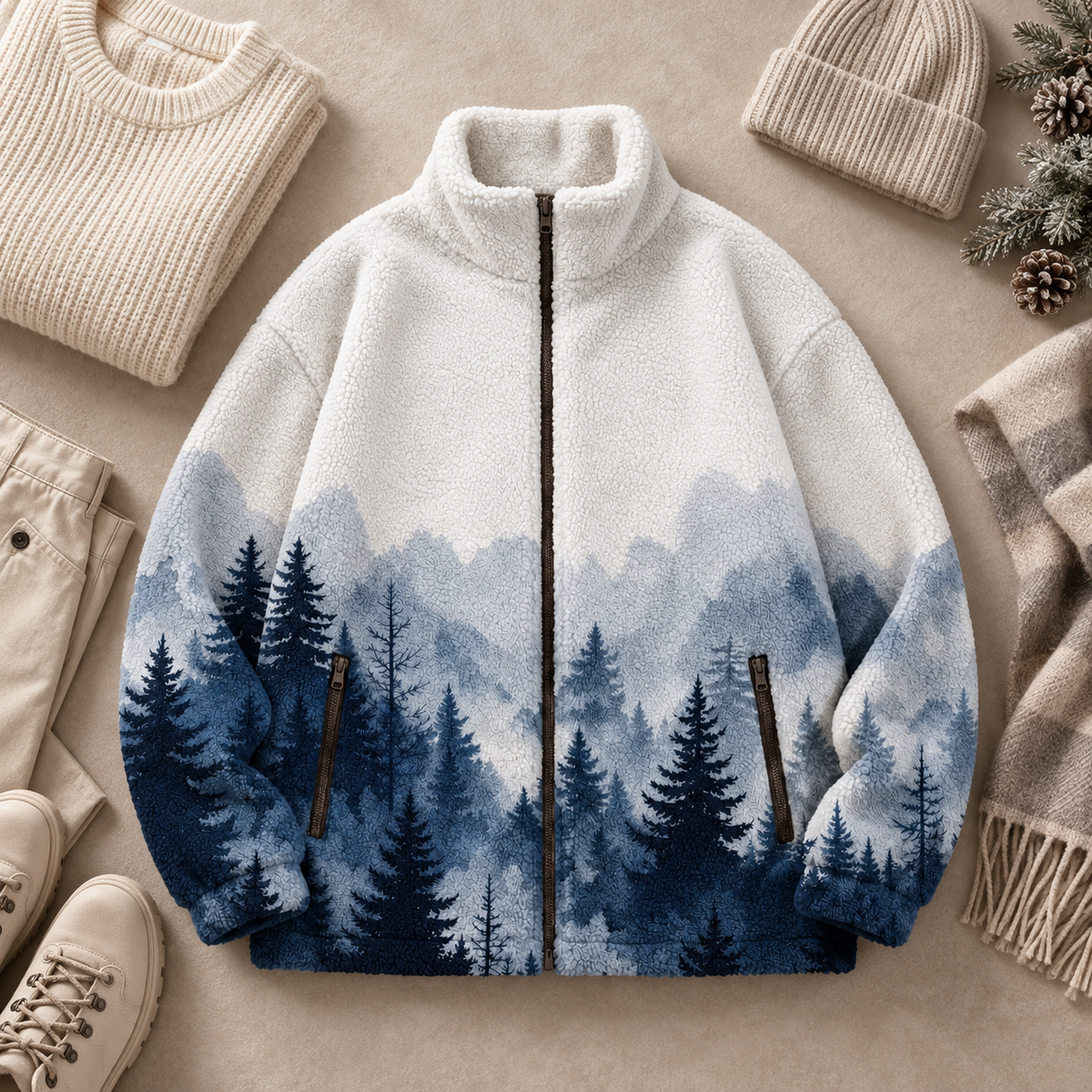 A fleece zip-up jacket laid flat on a beige surface, featuring a blue and navy forest and mountain landscape print. The jacket is styled with a folded cream sweater, beige pants, a knit beanie, a plaid scarf, and white sneakers.