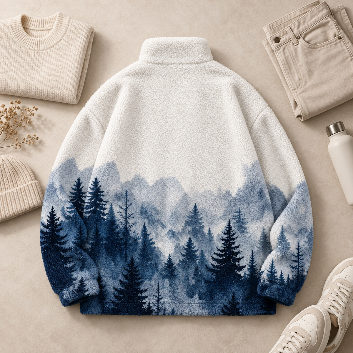 A fleece pullover sweater laid flat on a beige surface, featuring a white upper section that fades into a blue forest and mountain landscape print at the bottom. Styled flat-lay props include folded cream knit clothing, a beanie, dried flowers, a water bottle, and white sneakers.
