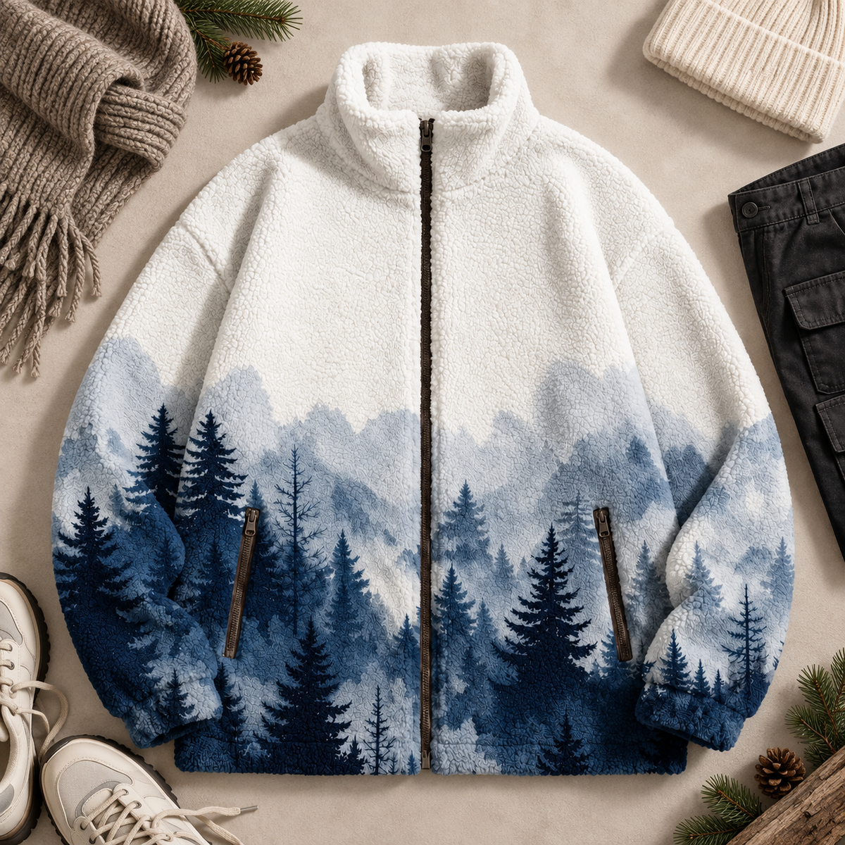 A fleece zip-up jacket laid flat on a neutral surface, featuring a white upper body that fades into a blue misty forest and pine tree print near the hem and sleeves. The jacket has a black front zipper, two vertical zip pockets, and is styled with a knit scarf, shoes, and other winter accessories.