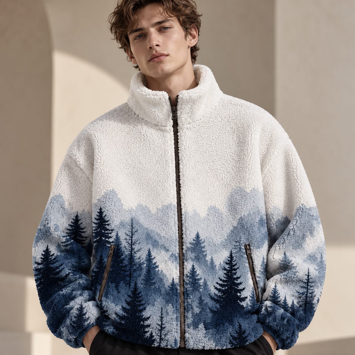 A man wearing a sherpa fleece zip-up jacket with a blue and white mountain pine forest pattern, standing in a warm, sunlit architectural setting.