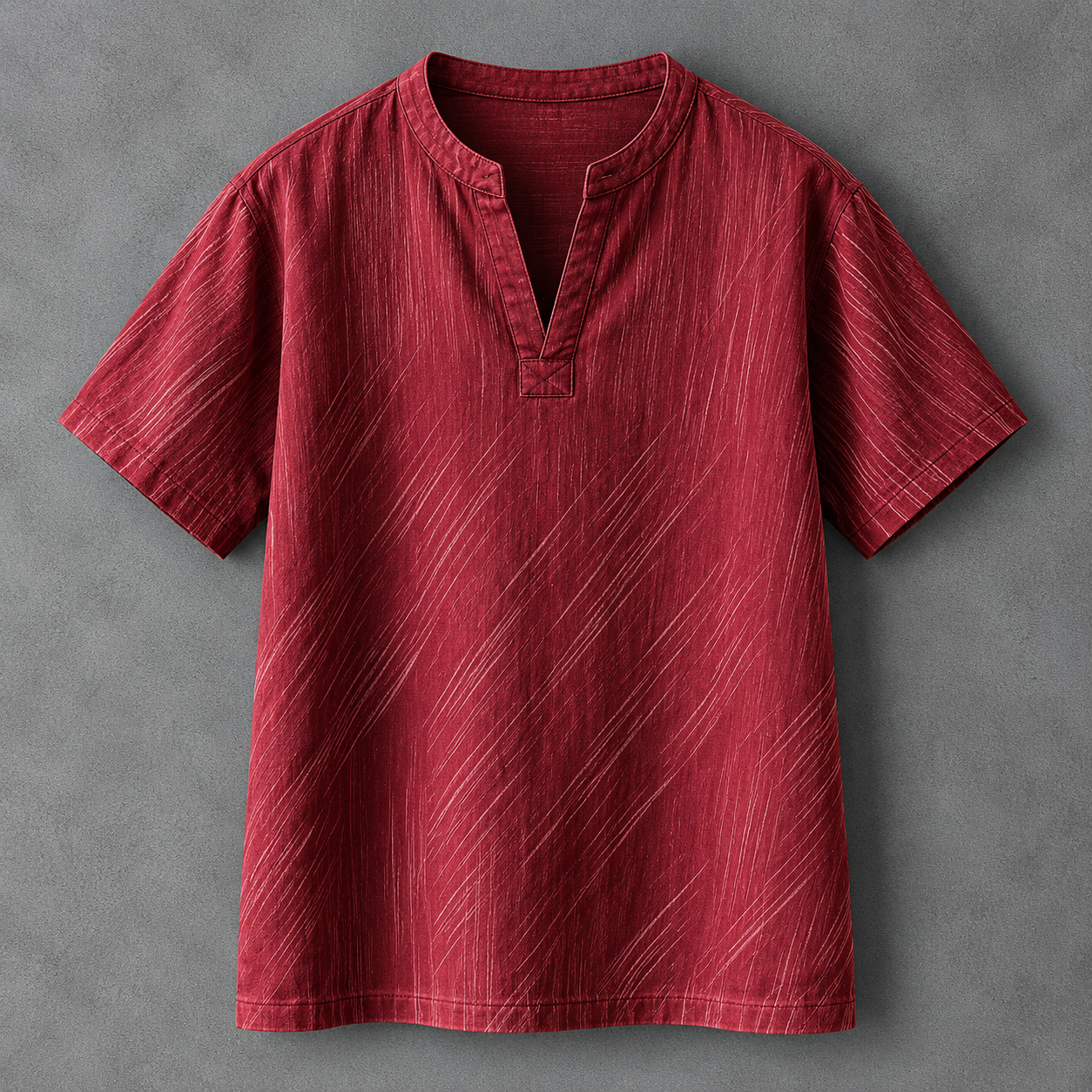 A short-sleeve red linen Henley t-shirt with a textured diagonal stripe pattern, displayed flat against a gray background.