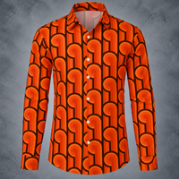 Mens Orange Retro Shirt, 70s Geometric Long Sleeve Button Up Shirt