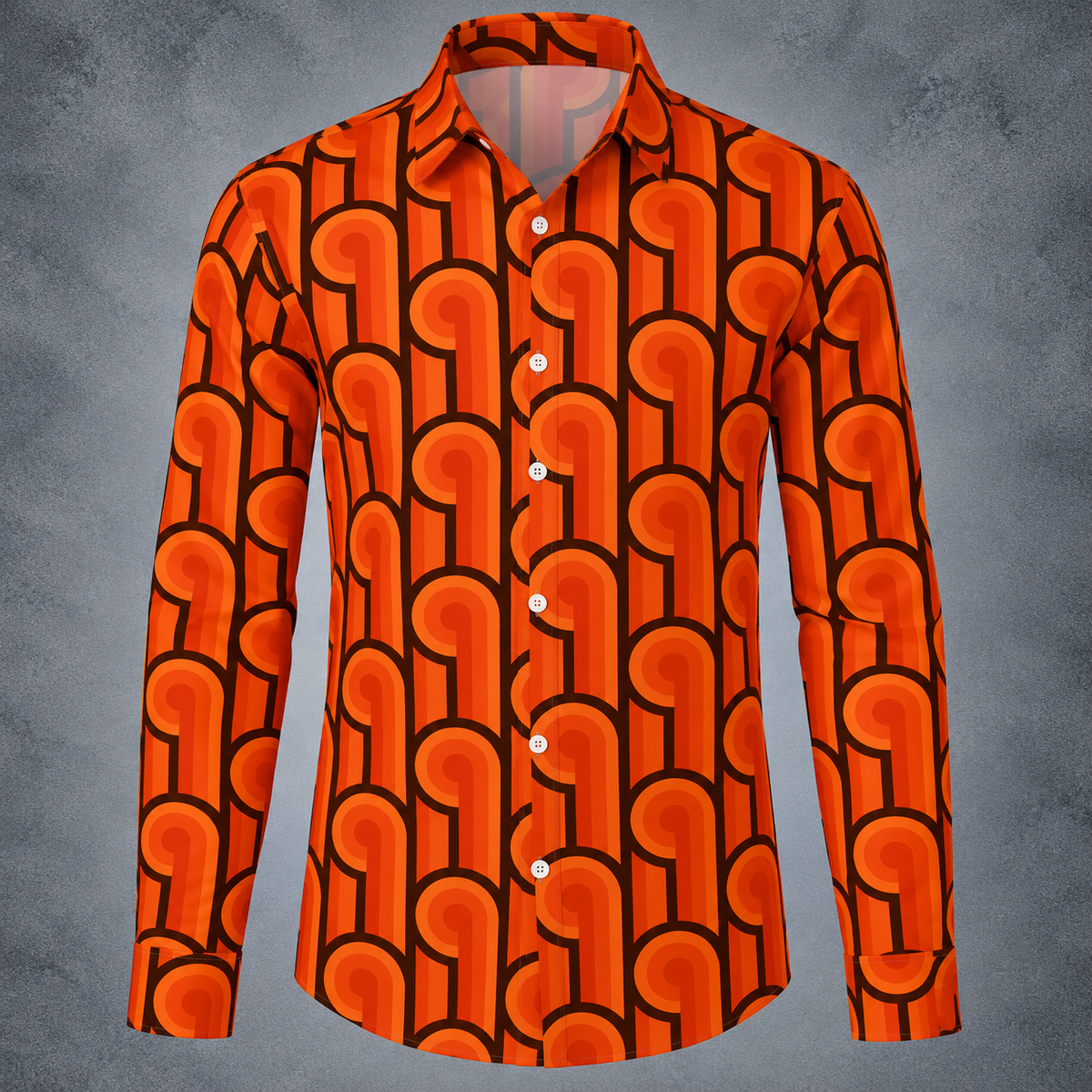 Mens Orange Retro Shirt, 70s Geometric Long Sleeve Button Up Shirt