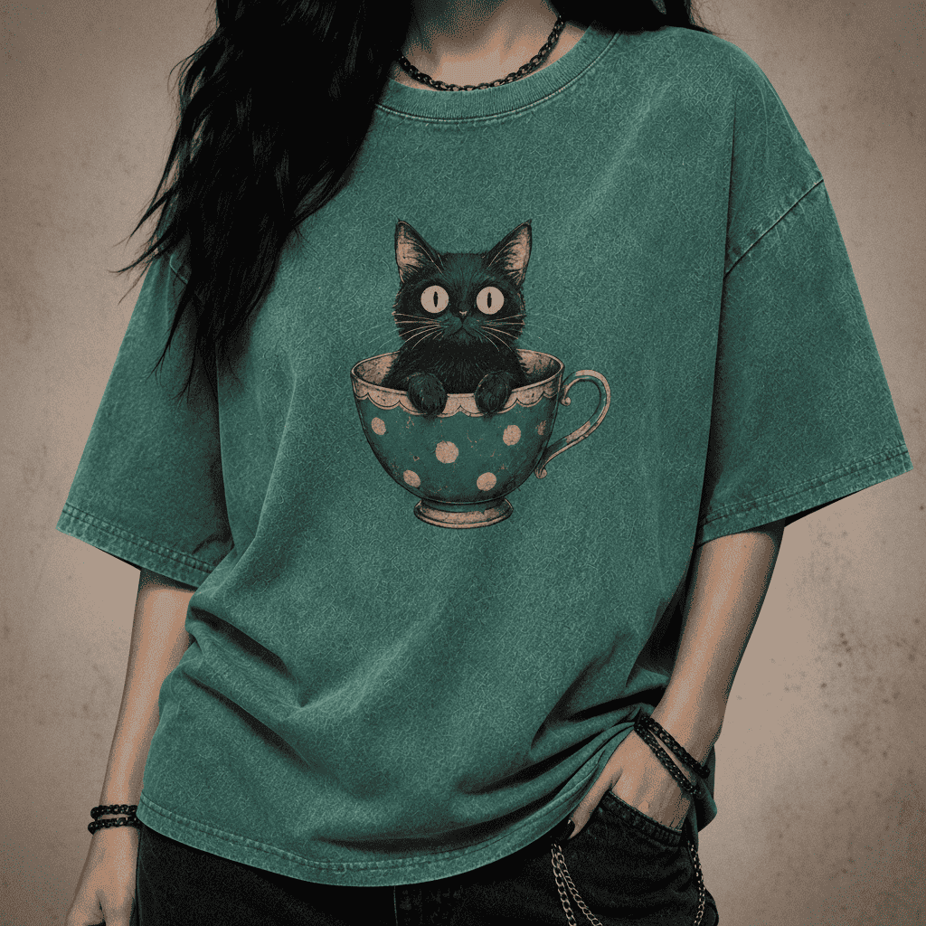 Person wearing a green t-shirt with a black cat in a polka dot cup design on a dark background
