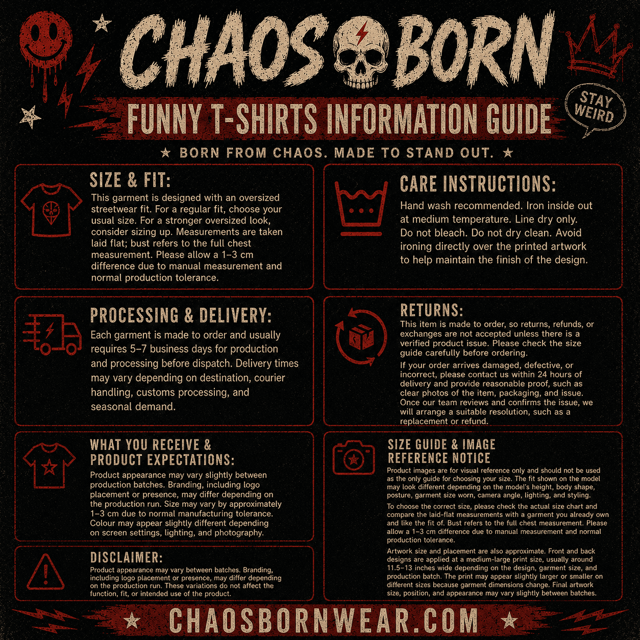 Information guide for Chaos Born funny t-shirts on a black background