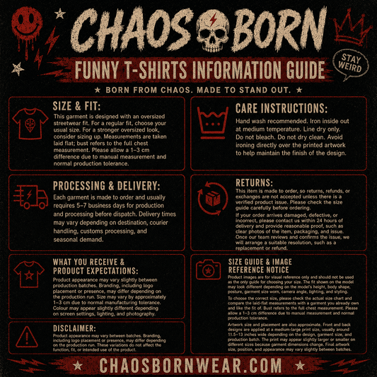Information guide for Chaos Born funny t-shirts on a black background