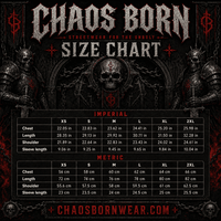 Chaos Born size chart with imperial and metric measurements on a dark background.