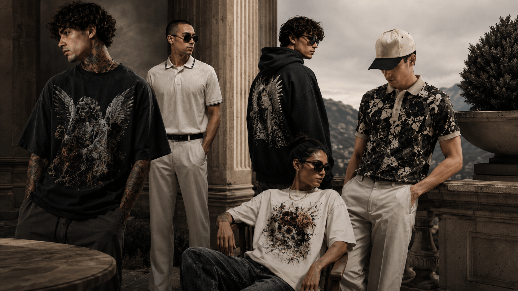 Five men posing outdoors with classical architecture and mountains in the background | CHAOSBORN