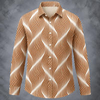 A long-sleeve button-up shirt with a wavy, undulating stripe pattern in brown and cream, displayed on a gray textured background.