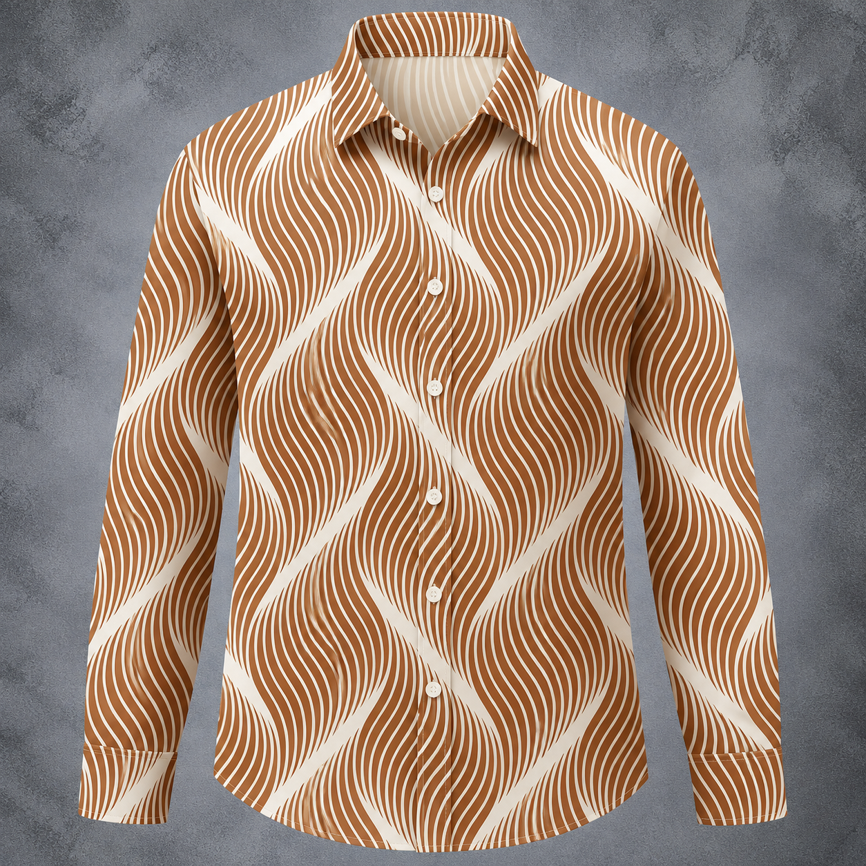 A long-sleeve button-up shirt with a wavy, undulating stripe pattern in brown and cream, displayed on a gray textured background.