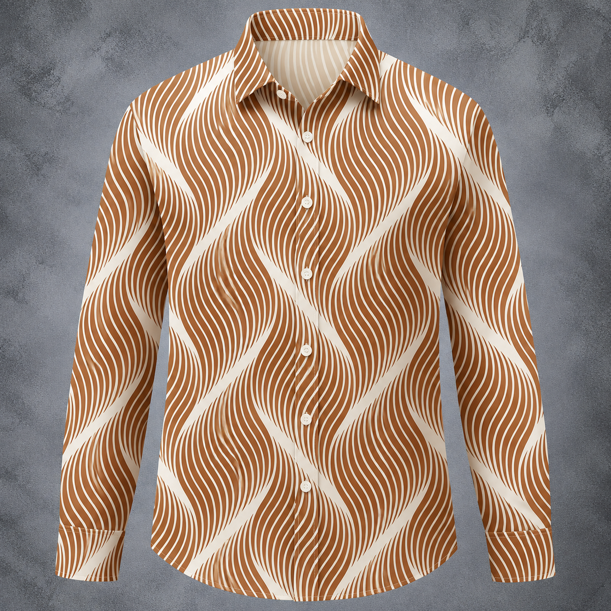 A long-sleeve button-up shirt with a wavy, undulating stripe pattern in brown and cream, displayed on a gray textured background.