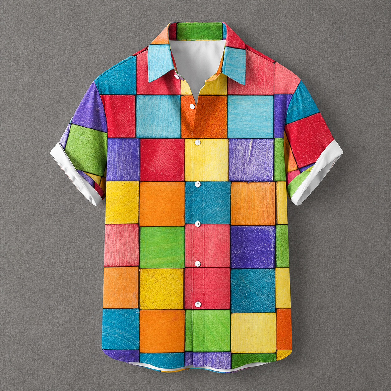A short-sleeve button-up shirt with a colorful geometric patchwork pattern of colored squares, shown against a solid gray background.