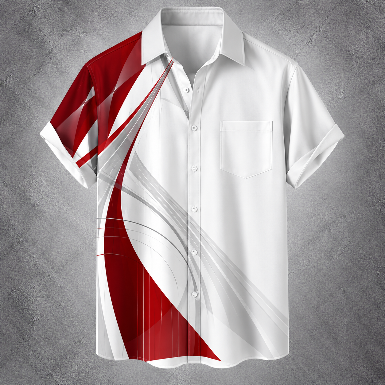 A short-sleeve button-up camp shirt with a white base and bold red and gray abstract graphic patterns, shown against a textured gray background.