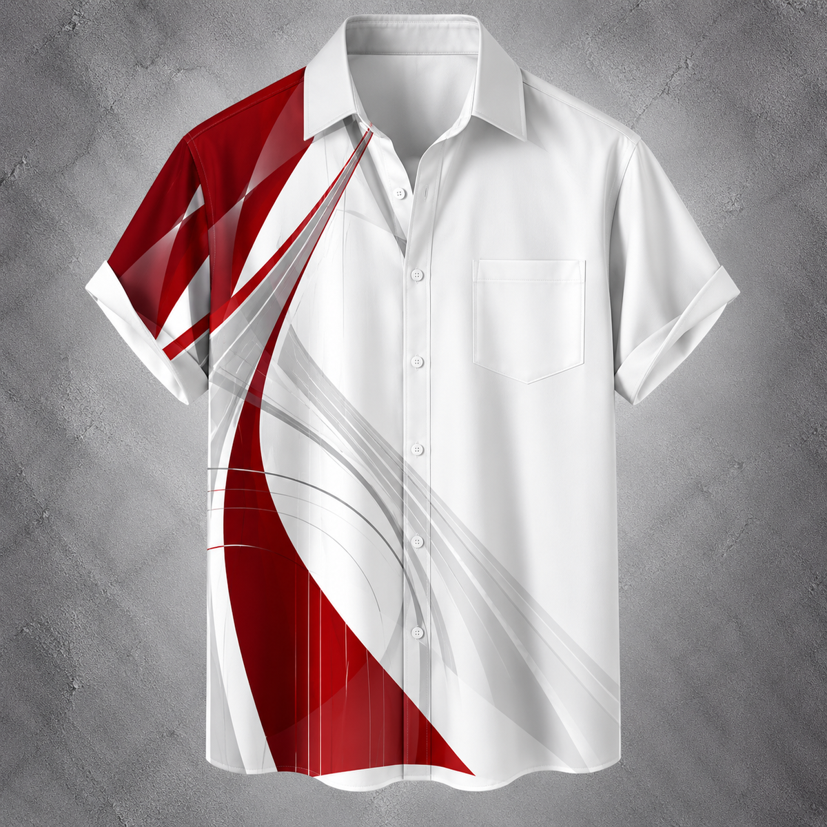 A short-sleeve button-up camp shirt with a white base and bold red and gray abstract graphic patterns, shown against a textured gray background.