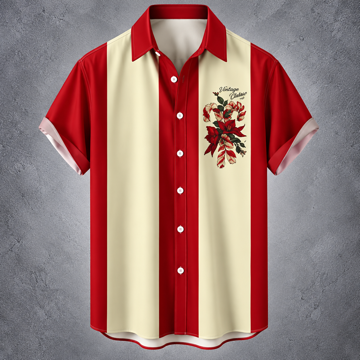 Mens Red Cream Floral Shirt, Retro Bowling Button Up, Short Sleeve Vintage Shirt