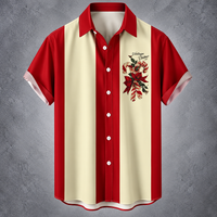 A short-sleeve button-up shirt with vertical red and cream stripes, featuring a red and green poinsettia floral graphic with the text 'Winter Wonderland' on the left chest, displayed against a textured gray background.