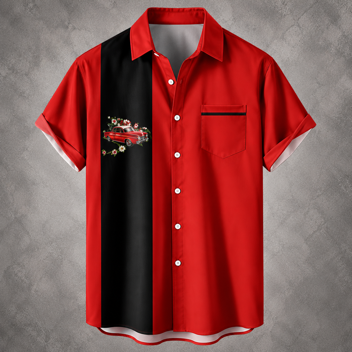 A red short-sleeve button-up shirt with a bold black vertical stripe down the center, featuring a small vintage red car graphic on the chest, displayed against a textured gray background.