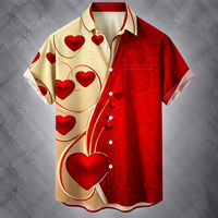 A short-sleeve button-up shirt with a split design: one half is beige with red hearts and curved red line motifs, and the other half is solid red. The shirt has a pointed collar, white buttons, and a chest pocket, shown against a textured gray background.