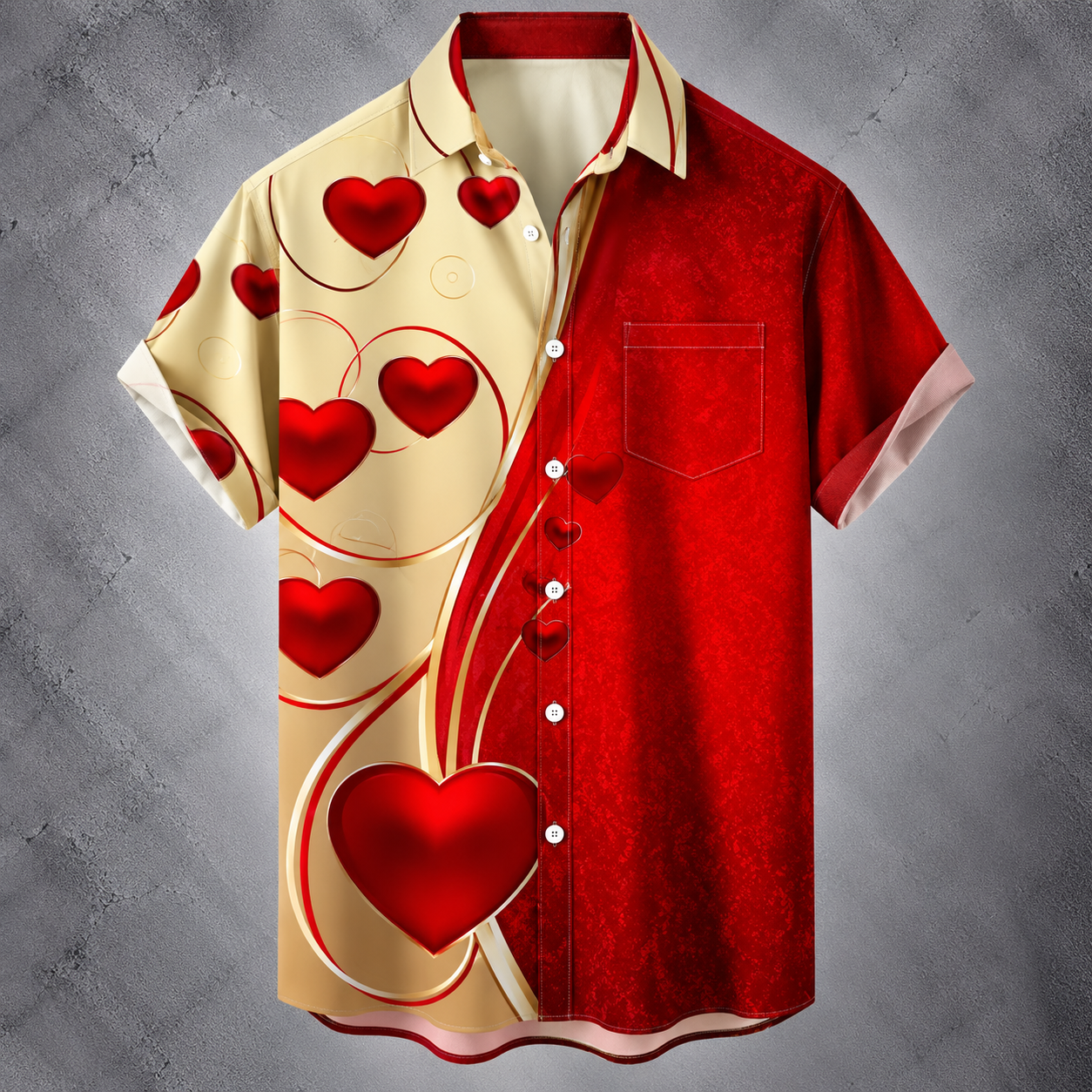 A short-sleeve button-up shirt with a split design: one half is beige with red hearts and curved red line motifs, and the other half is solid red. The shirt has a pointed collar, white buttons, and a chest pocket, shown against a textured gray background.