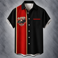 A short-sleeve button-up shirt with a split design: the right side is black and the left side is red with a vertical gold stripe. The chest features a graphic of a classic car with 'Budweiser Ride HOT LOK' text.