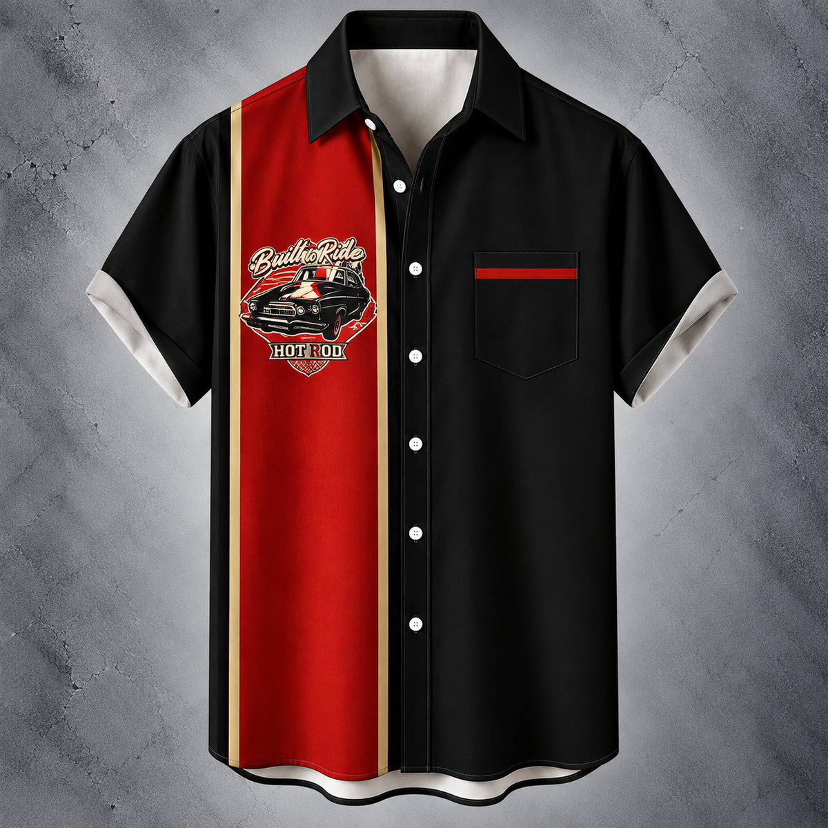 A short-sleeve button-up shirt with a split design: the right side is black and the left side is red with a vertical gold stripe. The chest features a graphic of a classic car with 'Budweiser Ride HOT LOK' text.